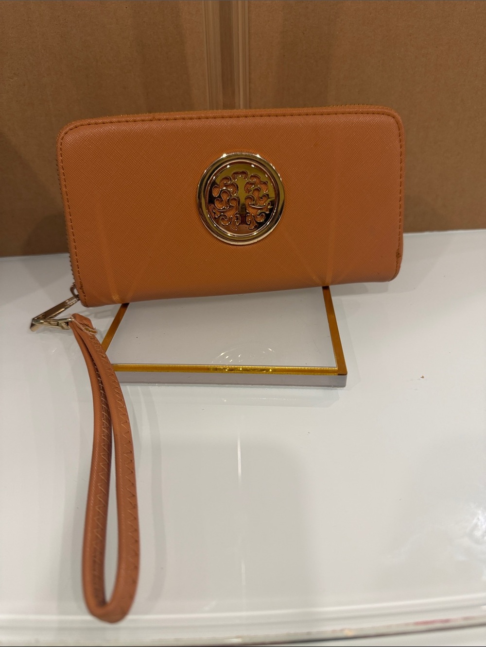 Tory Burch Caramel Tan Wristlet with Gold Logo Medallion - Picture 3 of 8